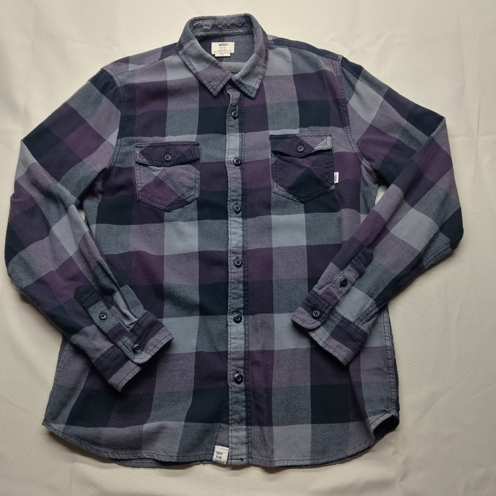 Vans Mens Medium Purple Grey Black Buffalo Plaid Flannel Button Down Shirt